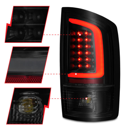 Feux arrière à LED ANZO 2002-2006 Dodge Ram 1500 avec barre lumineuse, boîtier noir, lentille fumée