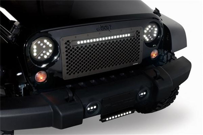 Grille de calandre éclairée en aluminium anodisé Putco 07-18 Jeep Wrangler avec barre lumineuse Luminix de 20 pouces (coupée sur mesure)