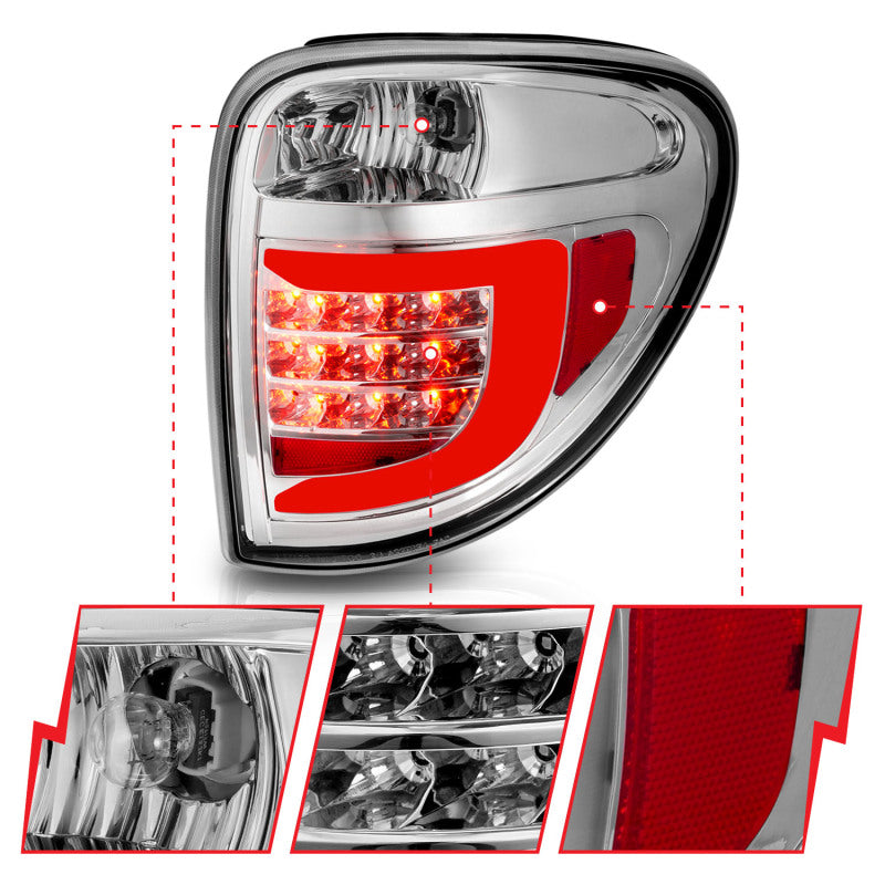 Feux arrière à LED ANZO 2004-2007 Dodge Grand Caravan avec barre lumineuse, boîtier chromé, lentille transparente