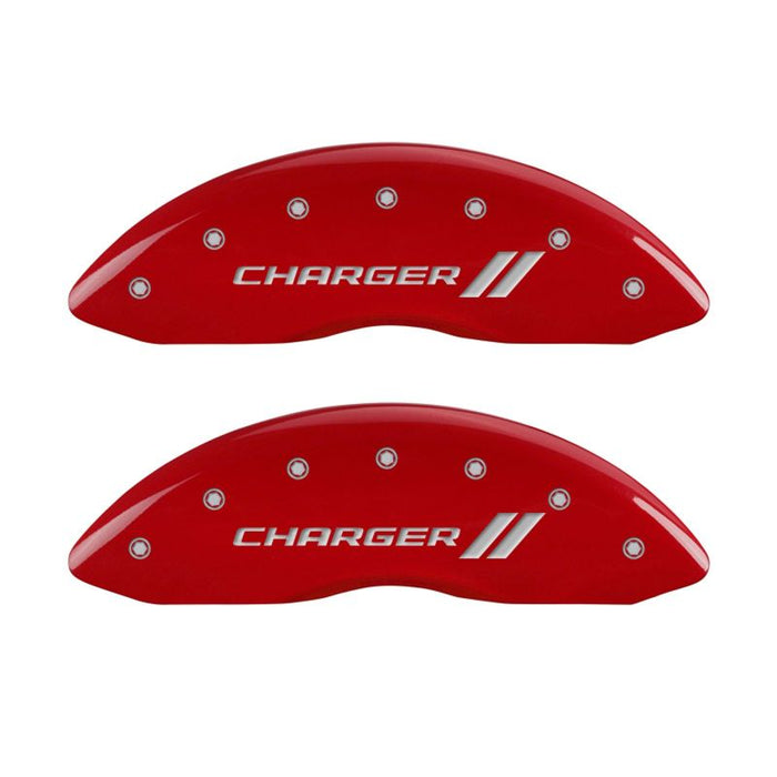 MGP 4 Caliper Covers Engraved Front & Rear With stripes/Charger Red finish silver ch