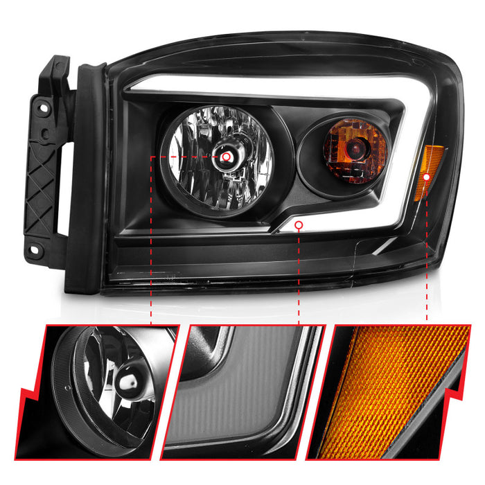 Phares Anzo 06-09 Dodge RAM 1500/2500/3500 Boîtier noir/lentille transparente (avec barres lumineuses)