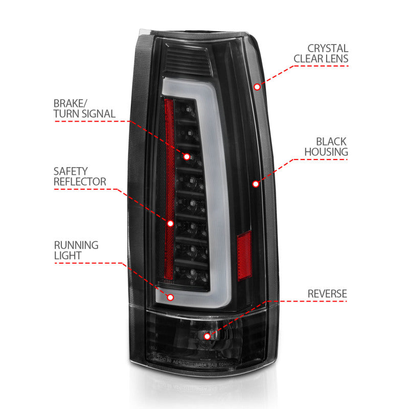 Feux arrière à LED ANZO 1999-2000 Cadillac Escalade Boîtier noir Lentille transparente Paire