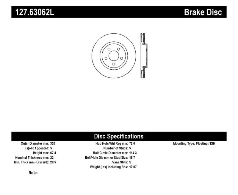 Rotor arrière gauche rainuré et percé StopTech 05-09 Chrysler 300 (5,7 L V8 sauf SRT-8)