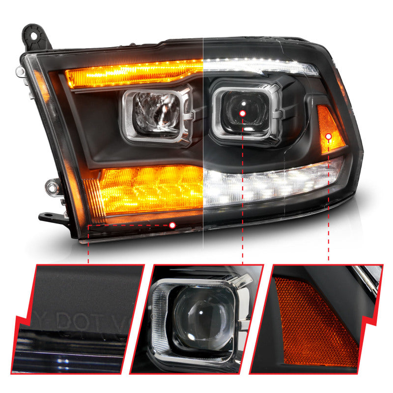 ANZO 09-18 Dodge Ram 1500/2500/3500 Proj HL Headlights Switchback + Sequential - Black Amber