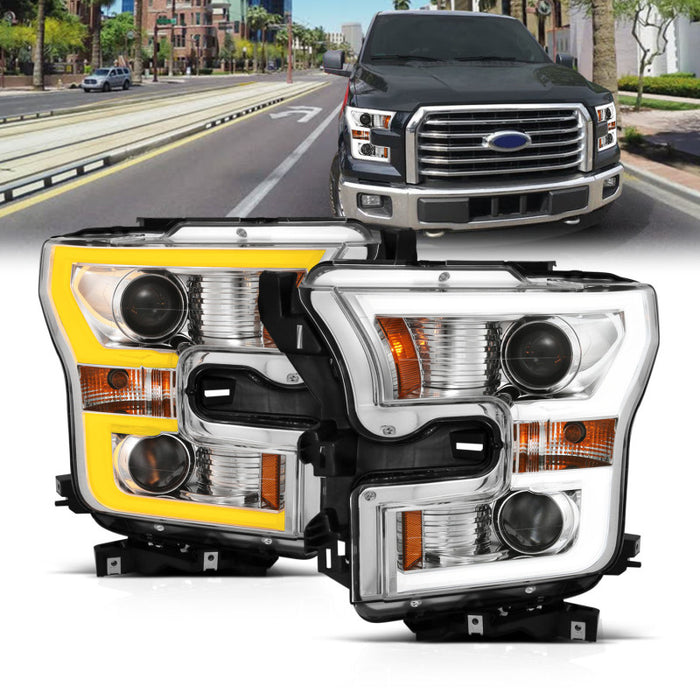 Phares de projecteur ANZO 2015-2017 Ford F-150 avec interrupteur de style planche chromé avec ambre