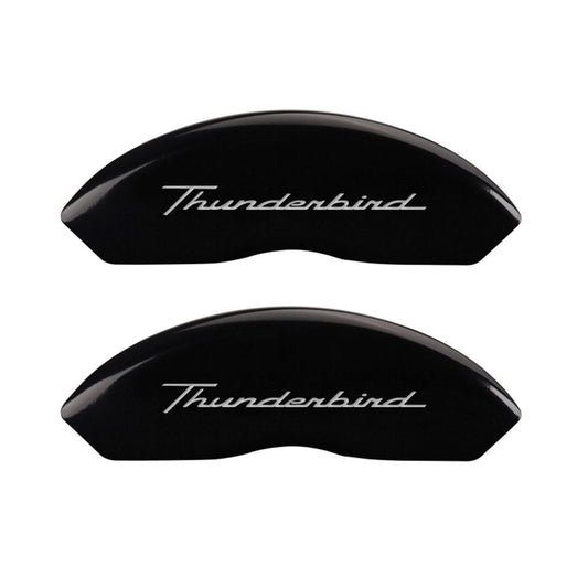 MGP 4 Caliper Covers Engrvd Front No bolts/Tbird Engrvd Rear/Tbird Emblem Blk fnsh slvr ch