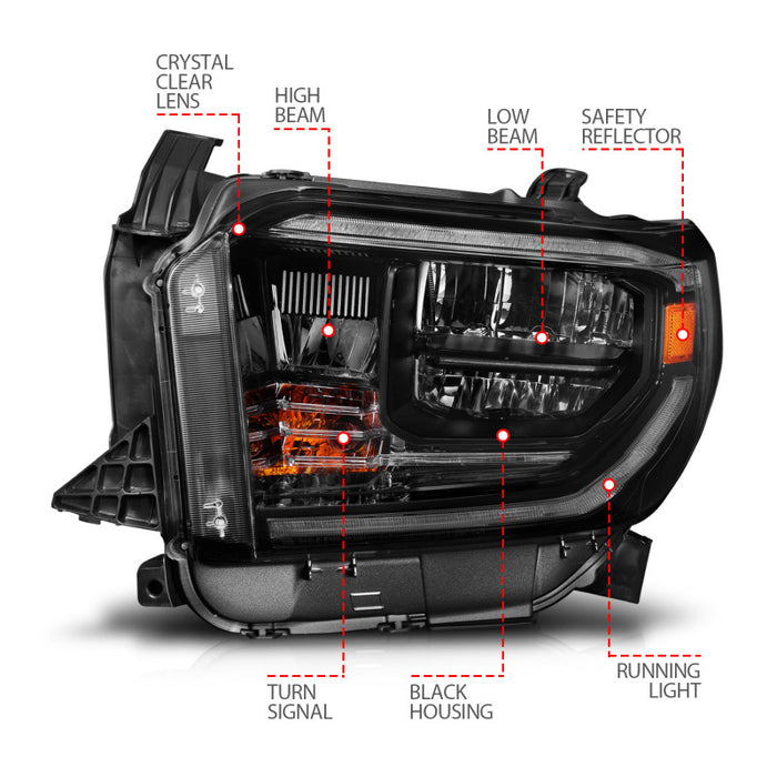 Phares à LED en cristal ANZO 2014-2021 Toyota Tundra avec boîtier noir Switchback avec DRL