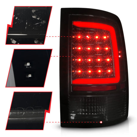 Feux arrière à LED ANZO 09-18 Dodge Ram 1500 avec boîtier noir séquentiel/lentille fumée