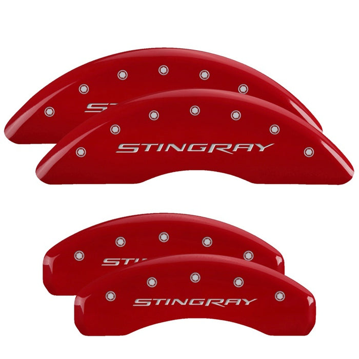 Couvre-étriers MGP 4 gravés avant et arrière Stingray Red finition argent ch