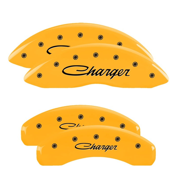 MGP 4 Caliper Covers Engraved Front & Rear Cursive/Charger Yellow finish black ch