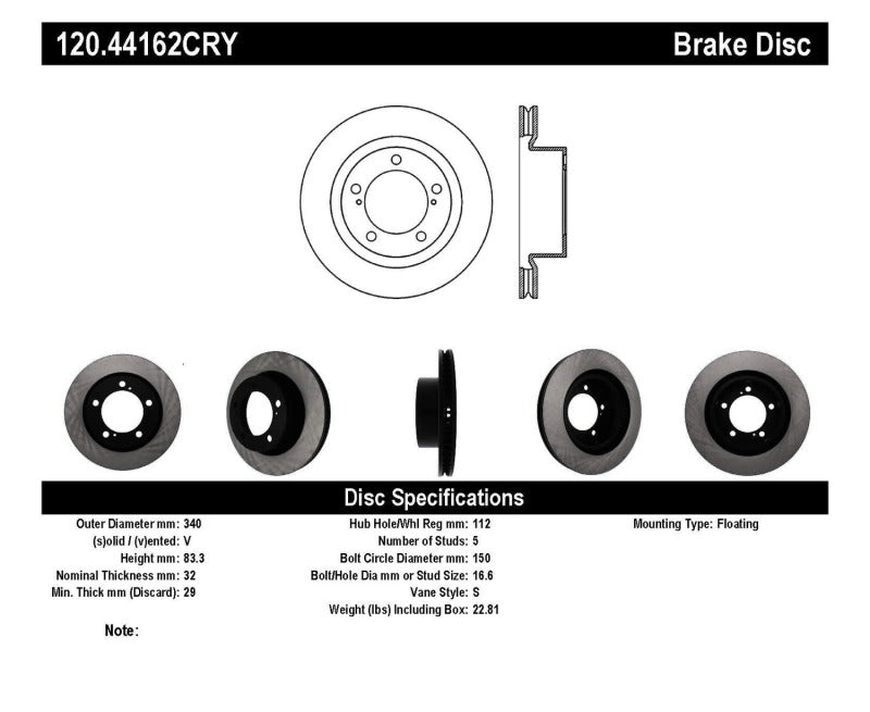 Disque de frein avant en carbone cryogénique de qualité supérieure Stoptech 08-11/13-18 pour Toyota Land Cruiser