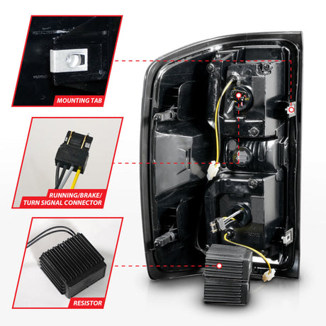 Feu arrière à LED ANZO 15-19 Chevrolet Silverado 2500 HD/3500 HD avec boîtier noir séquentiel/lentille transparente