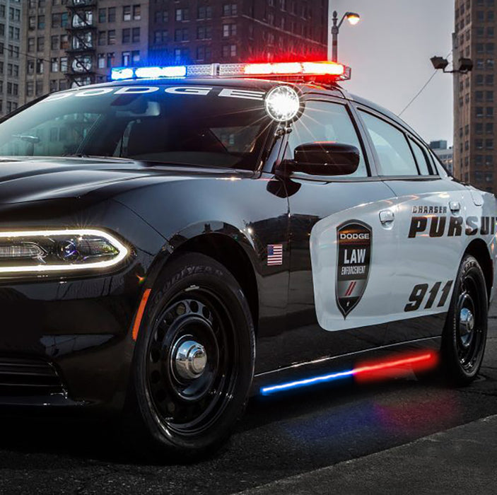 Putco 11-23 Dodge Charger Police Pursuit Blade Rocker Sideliners - Bleu et blanc avec surcouche blanche