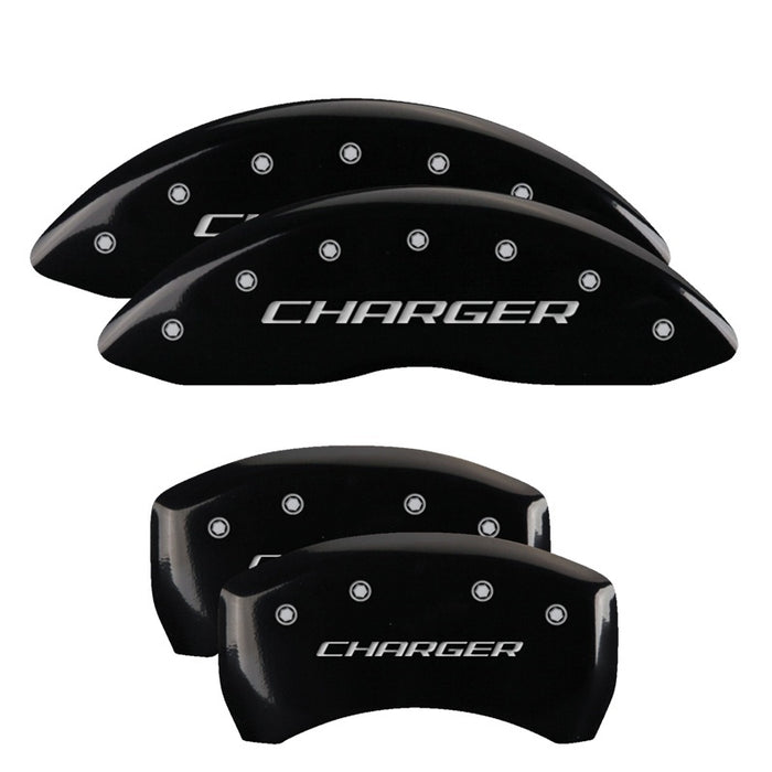 MGP 4 Caliper Covers Engraved Front & Rear Block/Charger Black finish silver ch