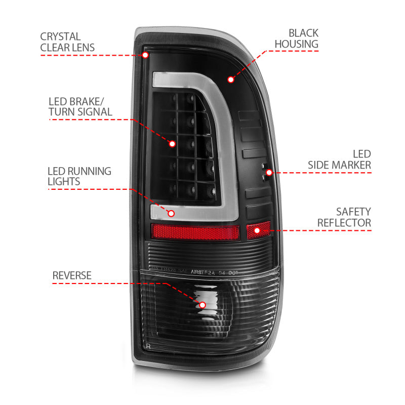 Feux arrière à LED ANZO 1997-2003 Ford F-150 avec barre lumineuse, boîtier noir, lentille transparente