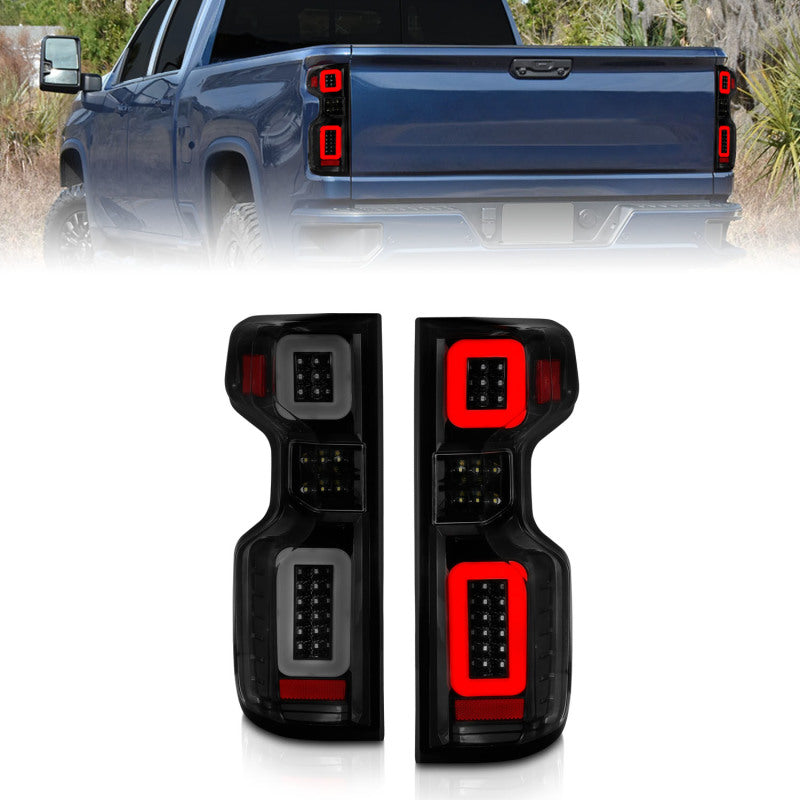 Anzo 19-21 Chevy Silverado Work TruckFeux arrière à LED complets Boîtier noir Lentille fumée G2 (avec barres lumineuses C)