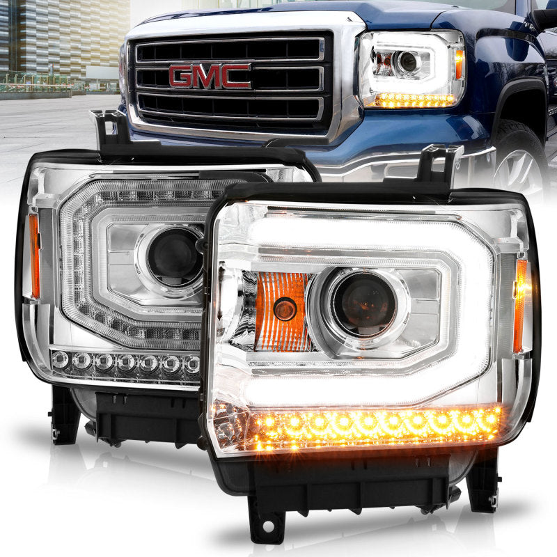Phares de projecteur ANZO 2014-2015 Gmc Sierra 1500 avec boîtier chromé pour barre lumineuse (type halogène)