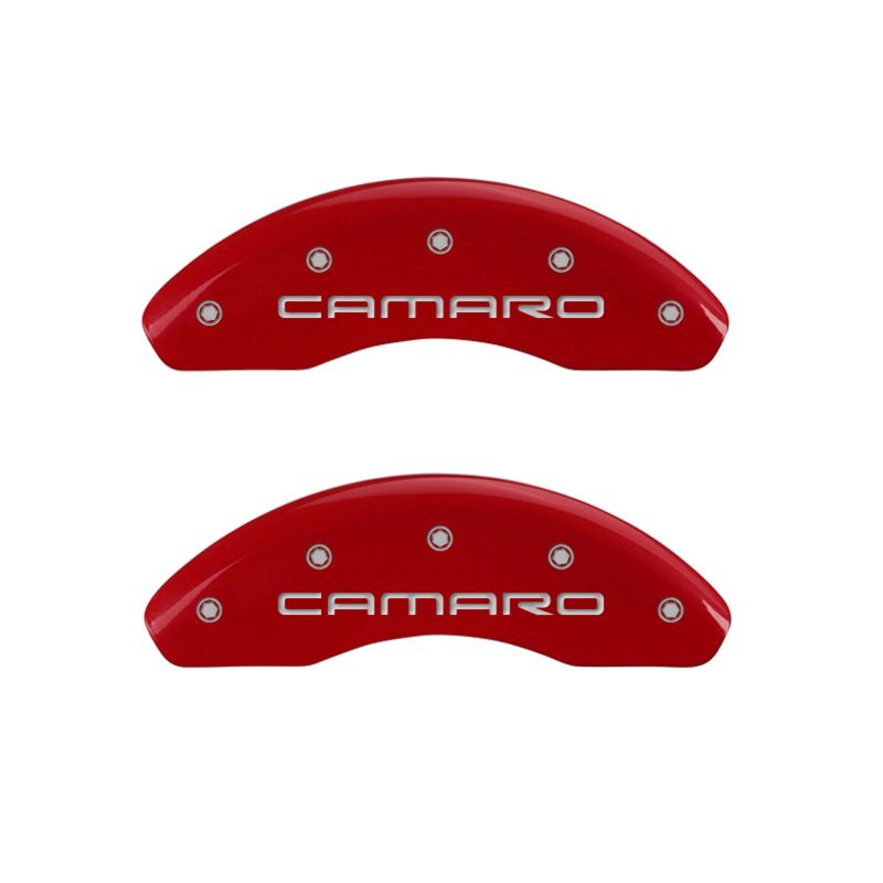 MGP 4 Caliper Covers Engraved Front Gen 4/Camaro Engraved Rear Gen 4/Z28 Red finish silver ch