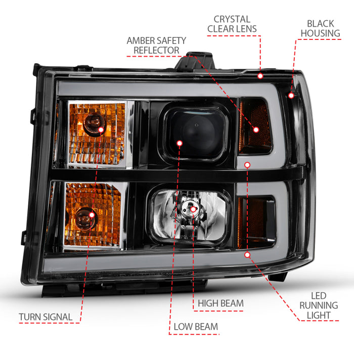 Phare de projecteur ANZO 2007-2013 Gmc Sierra 1500 style planche noir avec lentille transparente ambre