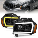 Phares de projecteur ANZO 2005-2007 Jeep Grand Cherokee avec barre lumineuse Switchback boîtier noir