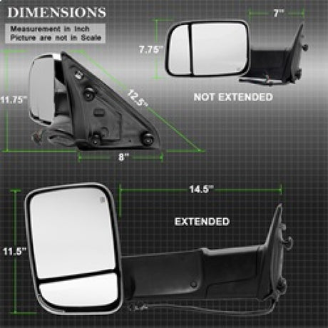 xTune Dodge Ram 1500 09-12 Extendable Power Heated Adjust Mirror Chrome Housing Left MIR-DRAM10-PW-L