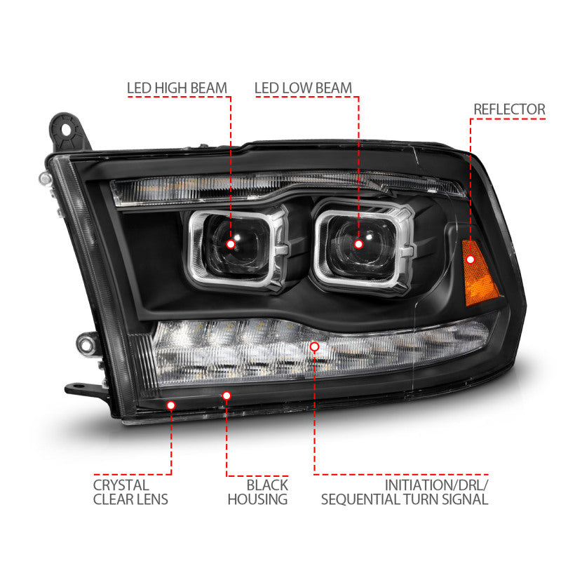 ANZO 09-18 Dodge Ram 1500/2500/3500 Phares de projet entièrement à LED avec barre lumineuse Switchback - Noir