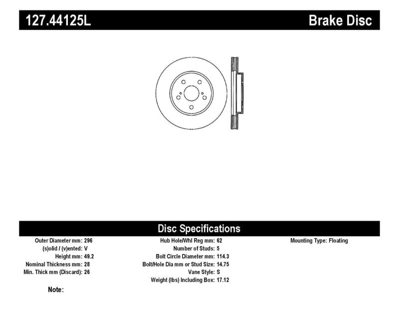 Rotor avant gauche fendu et percé StopTech 02 Lexus ES 250/300/330/350 / 05-07 Toyota Avalon