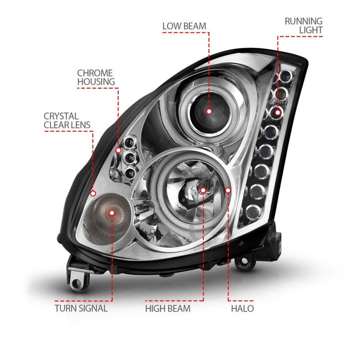 Phares de projecteur ANZO 2003-2007 Infiniti G35 avec halo chromé (CCFL) (compatible HID)