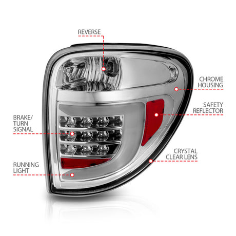 Feux arrière à LED ANZO 2004-2007 Dodge Grand Caravan avec barre lumineuse, boîtier chromé, lentille transparente