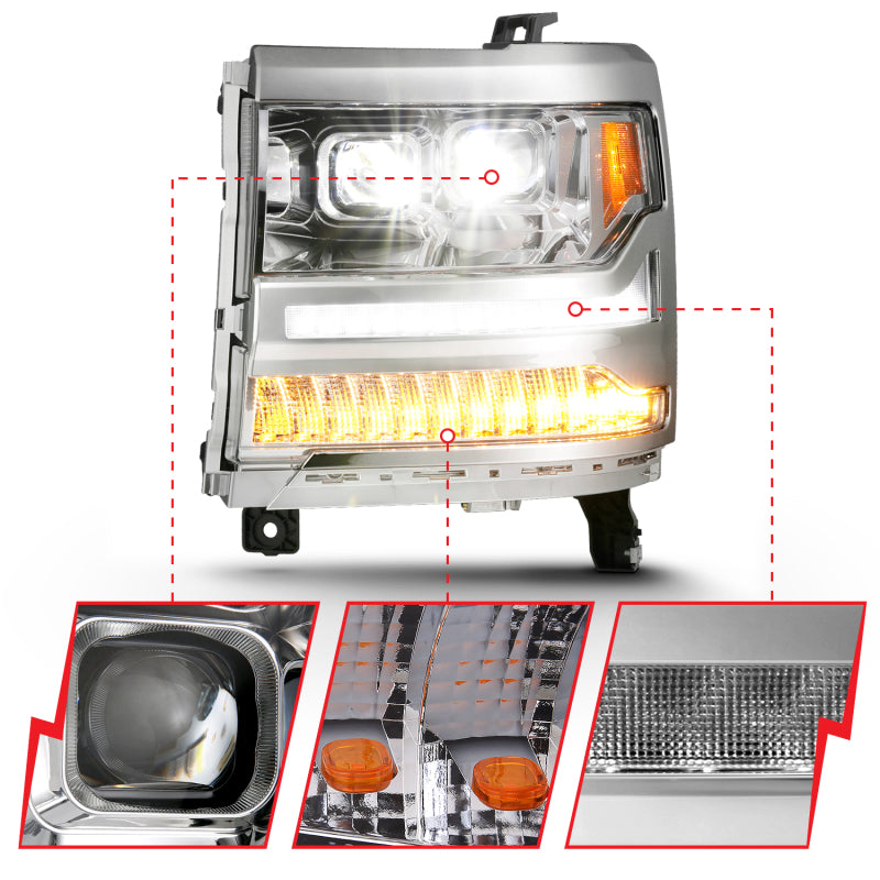 Phares de projecteur à LED ANZO 16-18 Chevrolet Silverado 1500 avec interrupteur de style planche chromé avec ambre