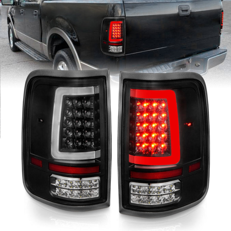 Feux arrière à LED ANZO 2004-2006 Ford F-150 avec barre lumineuse, boîtier noir, lentille transparente