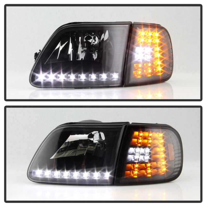 xTune Ford F150 97-03 Crystal Headlights w/ Clear LED Corners Black HD-ON-FF15097-LED-SET-BK