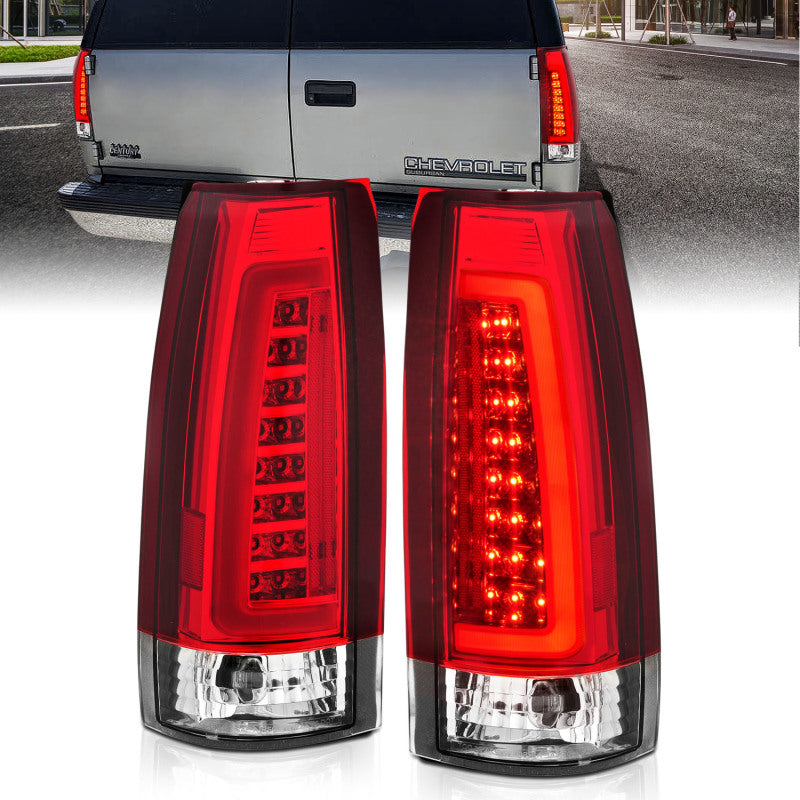 Feux arrière à LED ANZO 1999-2000 Cadillac Escalade, boîtier chromé, paire de lentilles rouges/transparentes