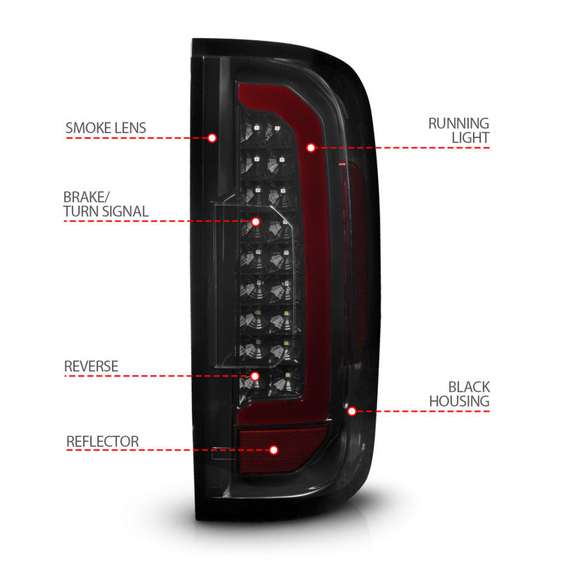 Feux arrière à LED ANZO 15-21 GMC Canyon avec barre lumineuse rouge, boîtier noir, lentille fumée