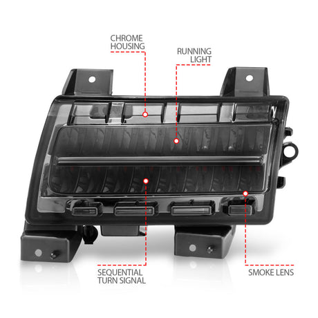 Marqueurs latéraux à LED ANZO 2018-2021 Jeep Wrangler, boîtier chromé, lentille fumée avec ampoule de signalisation Seq. Sport
