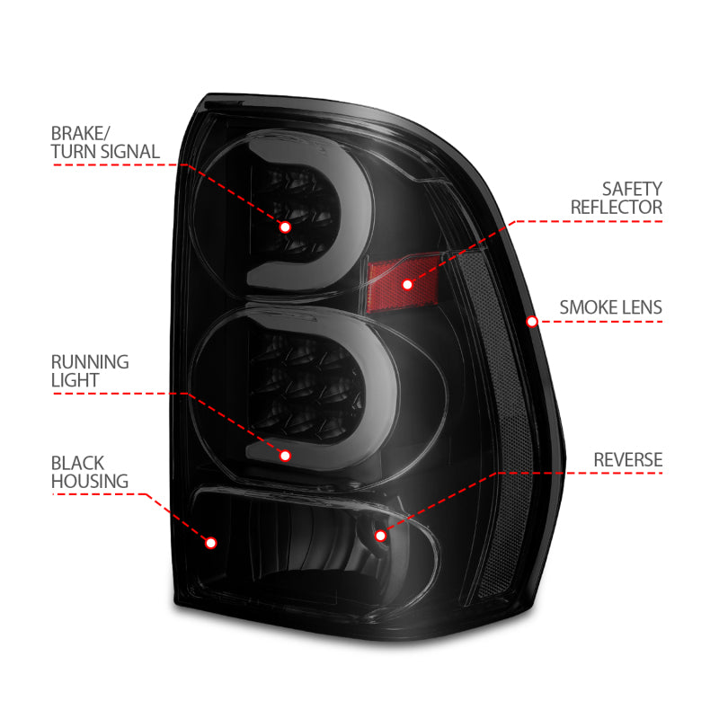 Feux arrière à LED ANZO 2002-2009 Chevrolet Trailblazer avec barre lumineuse, boîtier noir, lentille fumée