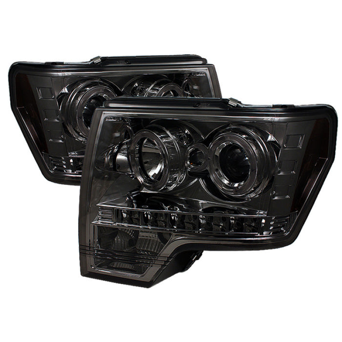 Spyder Ford F150 09-14 Projector Headlights Halogen Model- LED Halo LED Smke PRO-YD-FF15009-HL-SM