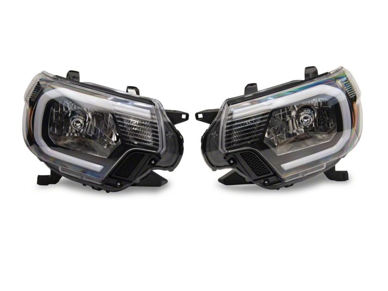 Phares Raxiom 12-15 Toyota Tacoma Axial Series avec barre LED - Boîtier noir (lentille transparente)