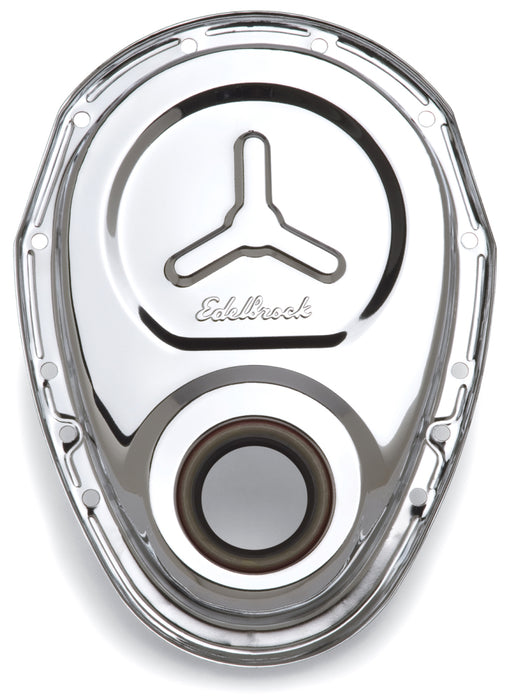 Couvercle de distribution Edelbrock SB-Chevy Chrome avec plaque de renfort soudée