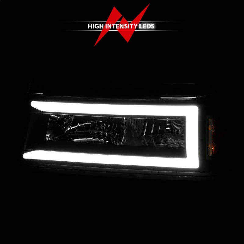 Phares en cristal ANZO 04-12 GM Colorado/Canyon/I-Series - avec barre lumineuse et boîtier noir 4 pièces