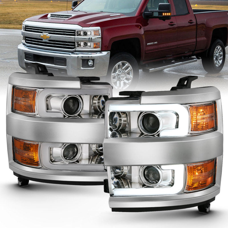 Phares de projecteur ANZO 2015-2016 Chevrolet Silverado avec design de style planche Chrome avec ambre