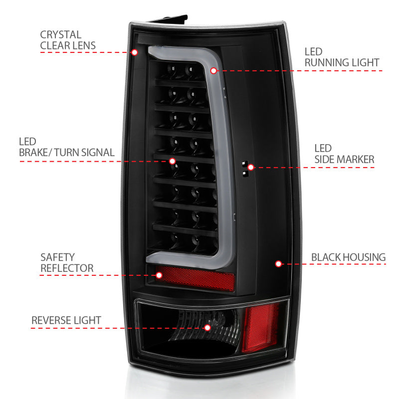Feu arrière à LED ANZO 2007-2014 Chevy Tahoe style planche noir avec lentille transparente