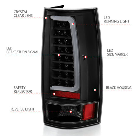 Feu arrière à LED ANZO 2007-2014 Chevy Tahoe style planche noir avec lentille transparente