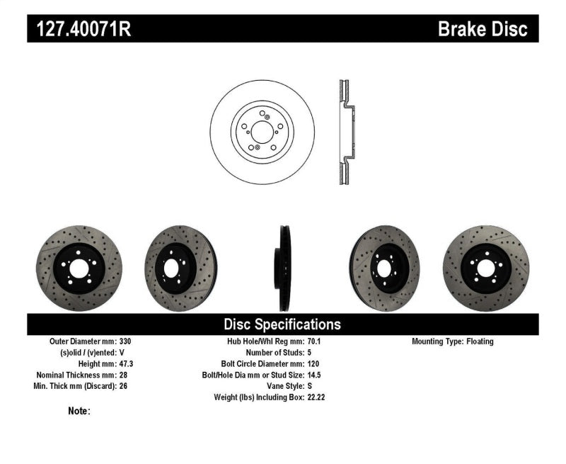Rotor avant droit perforé et rainuré StopTech 07-08 Acura MDX SportStop