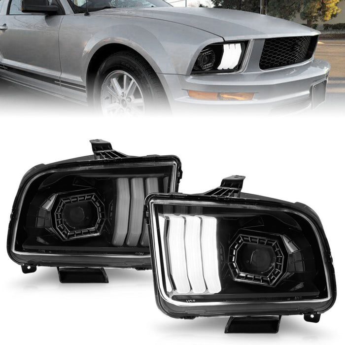 Phares de projecteur ANZO 05-09 Ford Mustang (avec halogène d'usine HL uniquement) avec barre lumineuse et boîtier noir