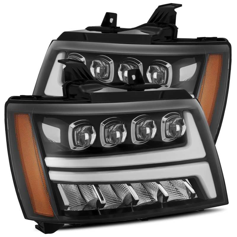 Phares à LED AlphaRex 07-13 Chevy Avalanche NOVA Project, style planche, noir brillant avec éclairage actif/DRL