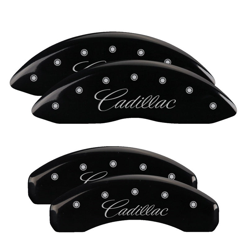 MGP 4 Caliper Covers Engraved F & R Cursive/Cadillac Black Finish Silver Char 2015 Cadillac CTS