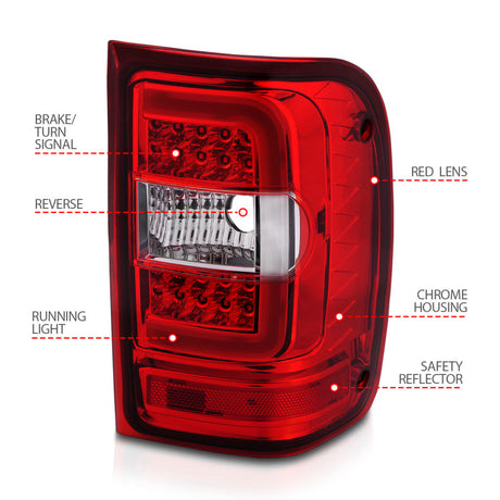 Feux arrière à LED ANZO 2001-2011 Ford Ranger avec barre lumineuse, boîtier chromé, lentille rouge/transparente