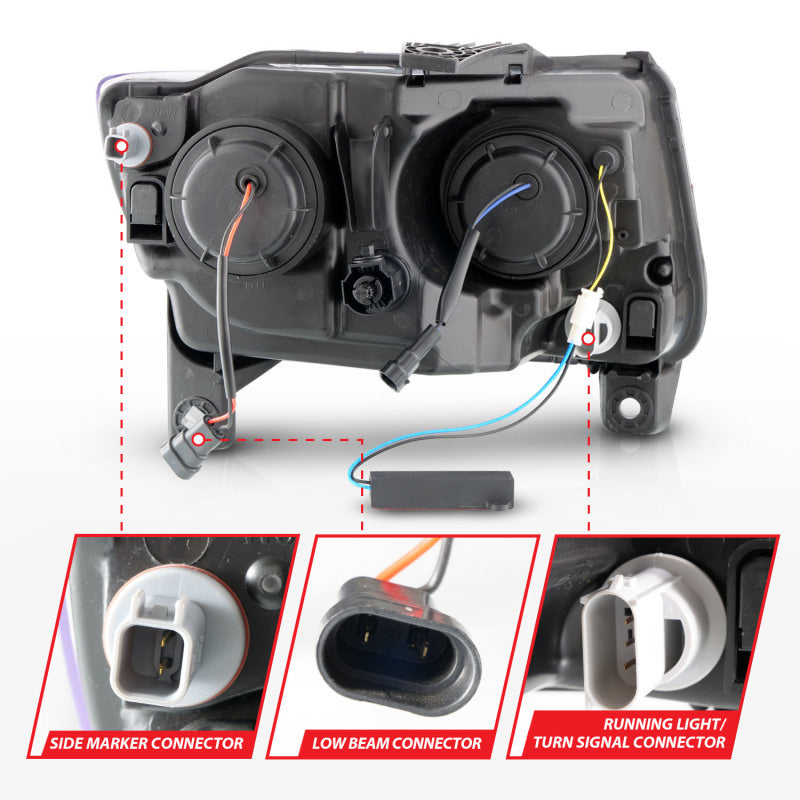 ANZO 11-13 Jeep Grand Cherokee (halogène d'usine uniquement) Phares de projecteur avec barre lumineuse Swtchbk Noir
