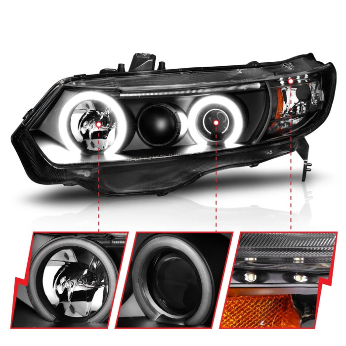 Phares de projecteur ANZO 2006-2011 Honda Civic avec halo noir (CCFL)